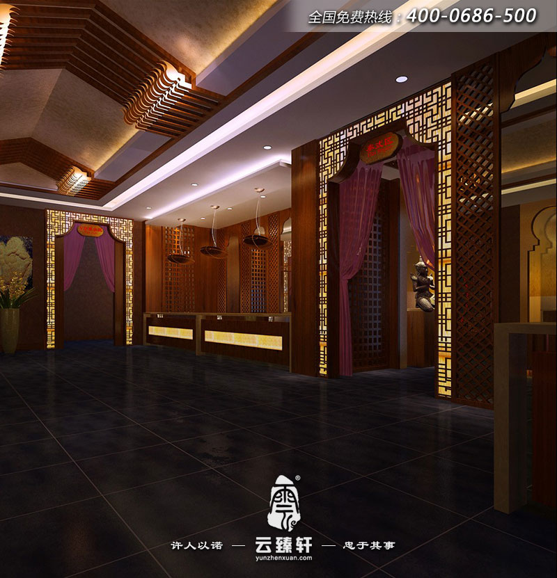 該會所分區(qū)明確，這是其中“泰式區(qū)”門廳的裝修效果