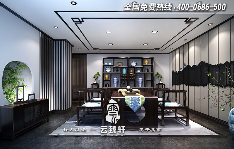 白墻灰瓦的江南建筑元素茶室設(shè)計效果圖